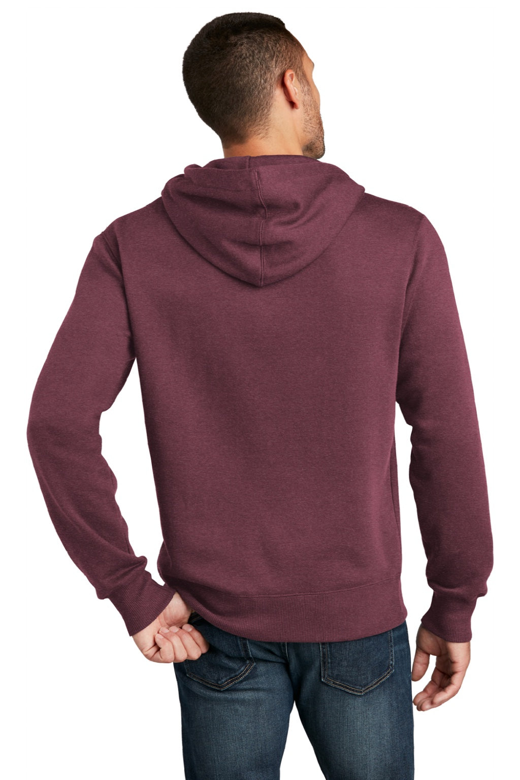 District DT1101 Mens Perfect Weight Fleece Hooded Sweatshirt Hoodie w/ Pouch Pocket Heather Loganberry Model Back