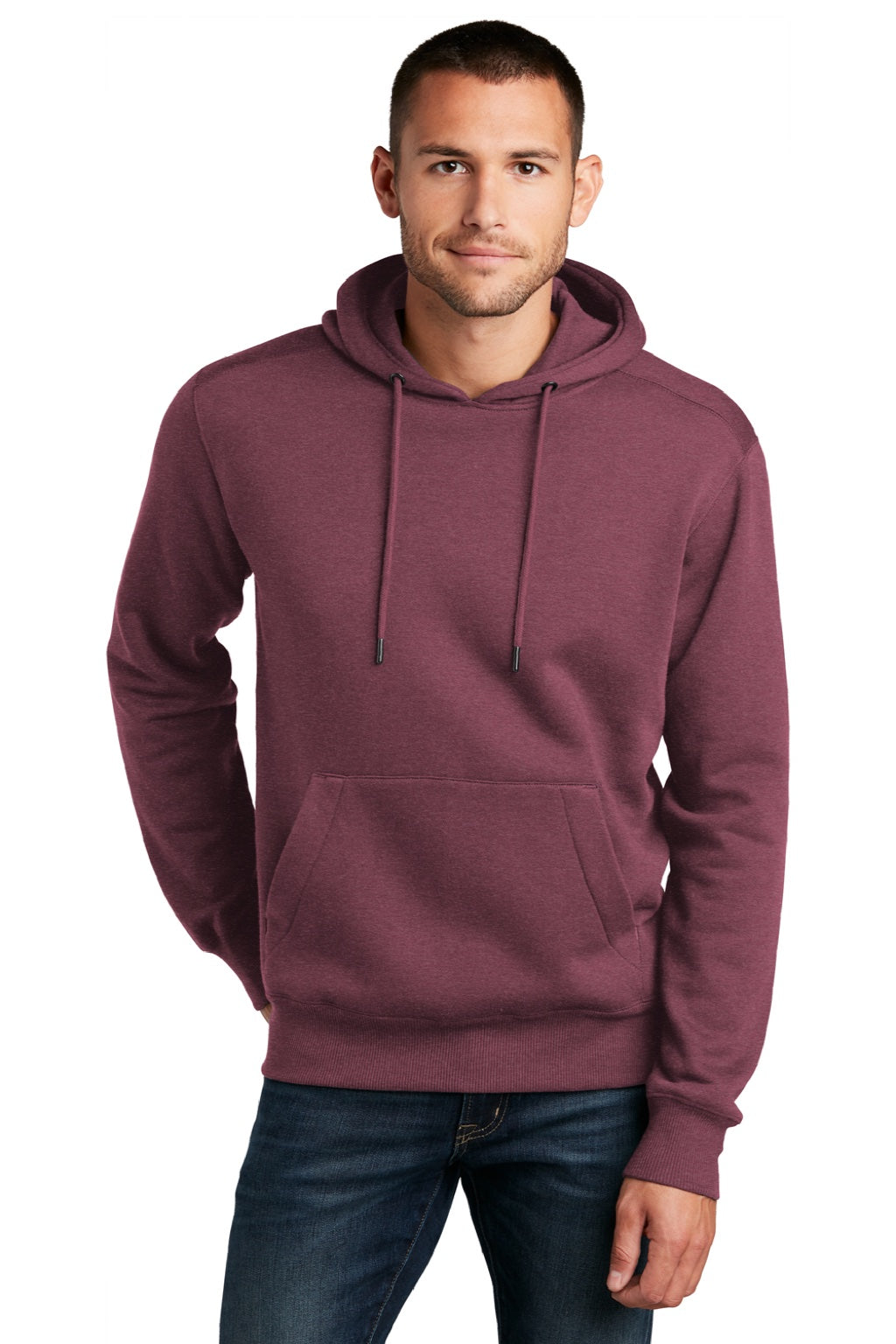 District DT1101 Mens Perfect Weight Fleece Hooded Sweatshirt Hoodie w/ Pouch Pocket Heather Loganberry Model Front