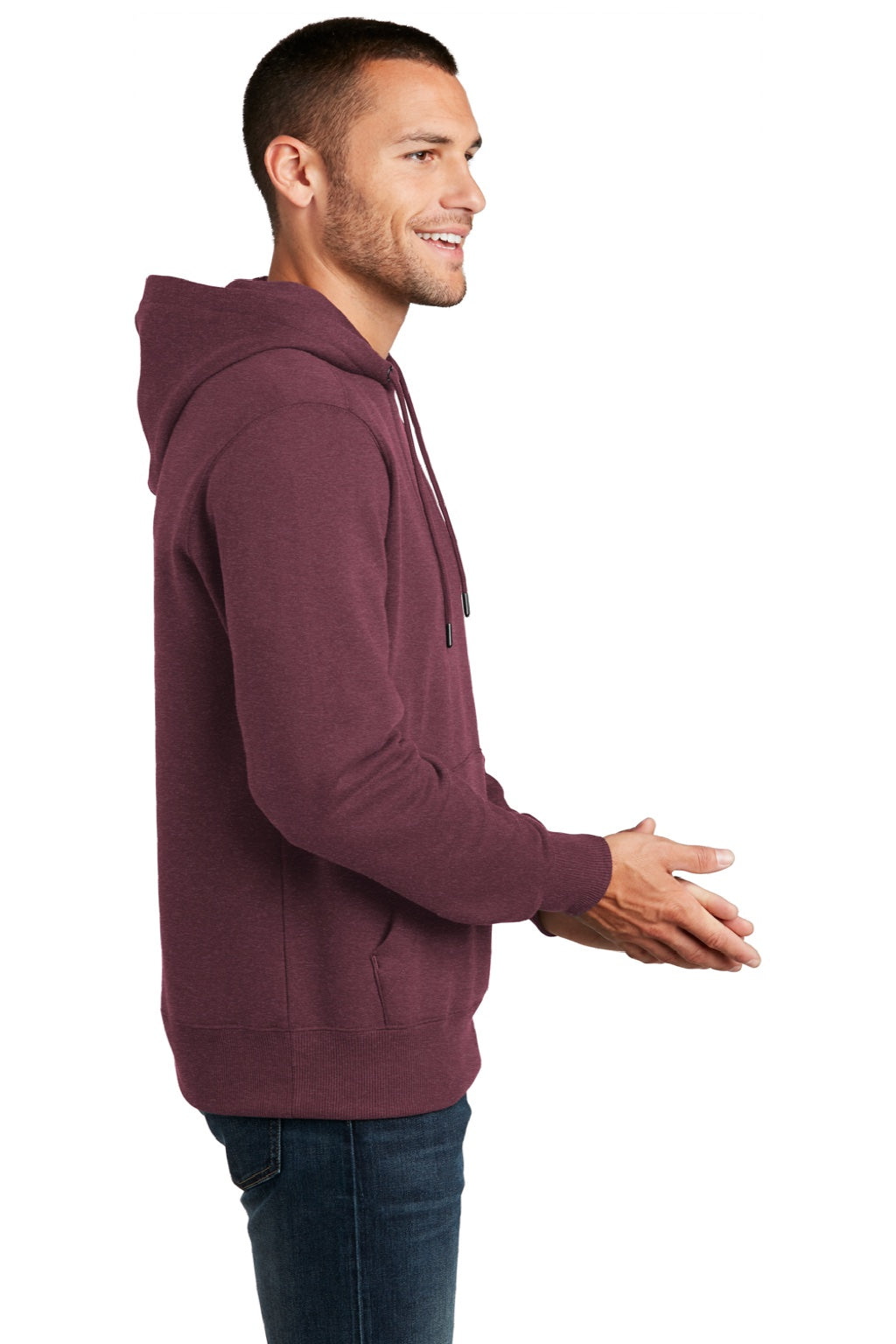 District DT1101 Mens Perfect Weight Fleece Hooded Sweatshirt Hoodie w/ Pouch Pocket Heather Loganberry Model Side