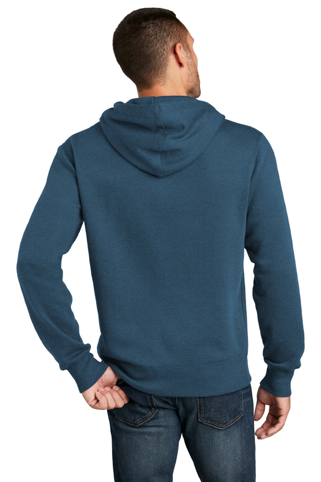 District DT1101 Mens Perfect Weight Fleece Hooded Sweatshirt Hoodie w/ Pouch Pocket Heather Poseidon Blue Model Back