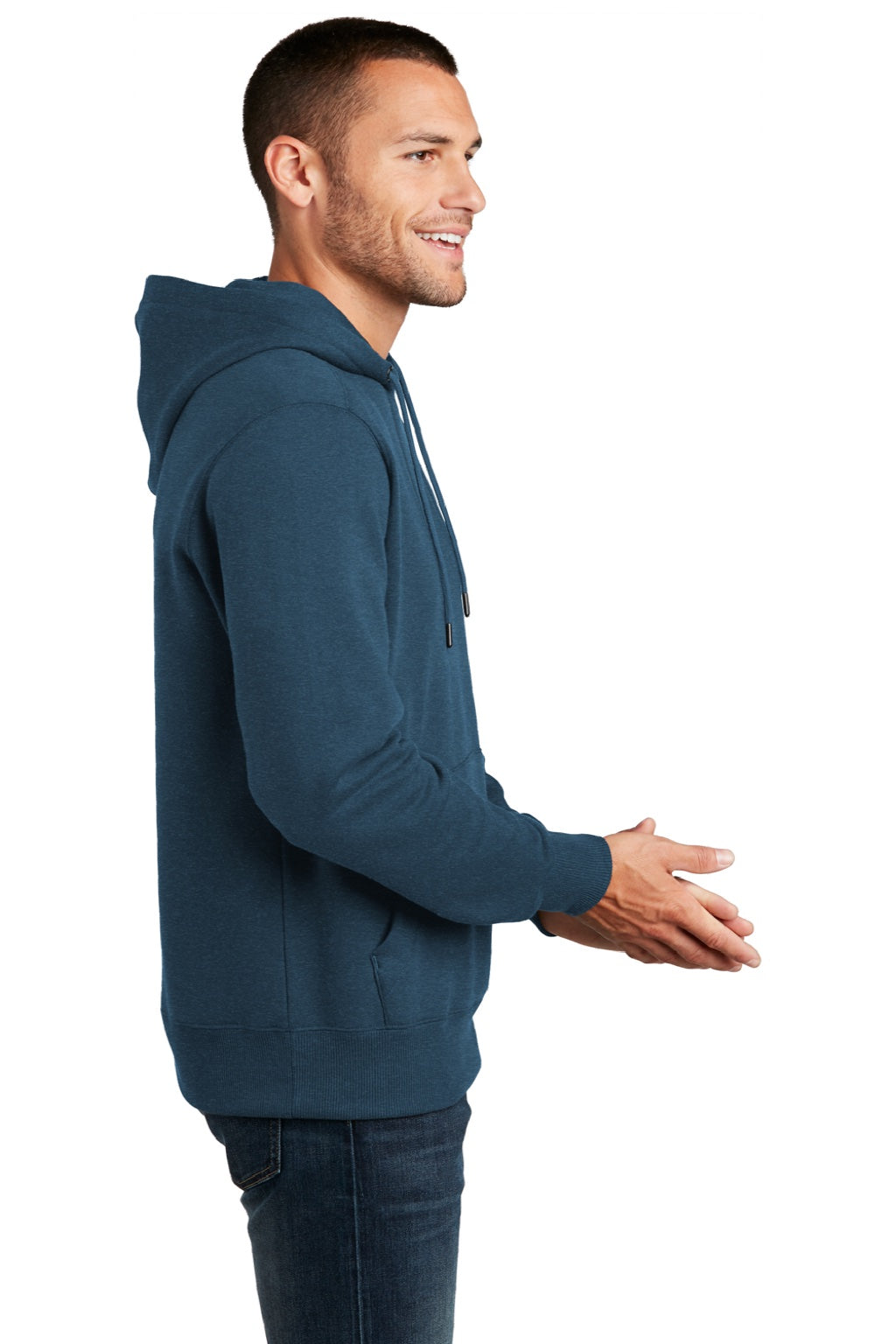 District DT1101 Mens Perfect Weight Fleece Hooded Sweatshirt Hoodie w/ Pouch Pocket Heather Poseidon Blue Model Side