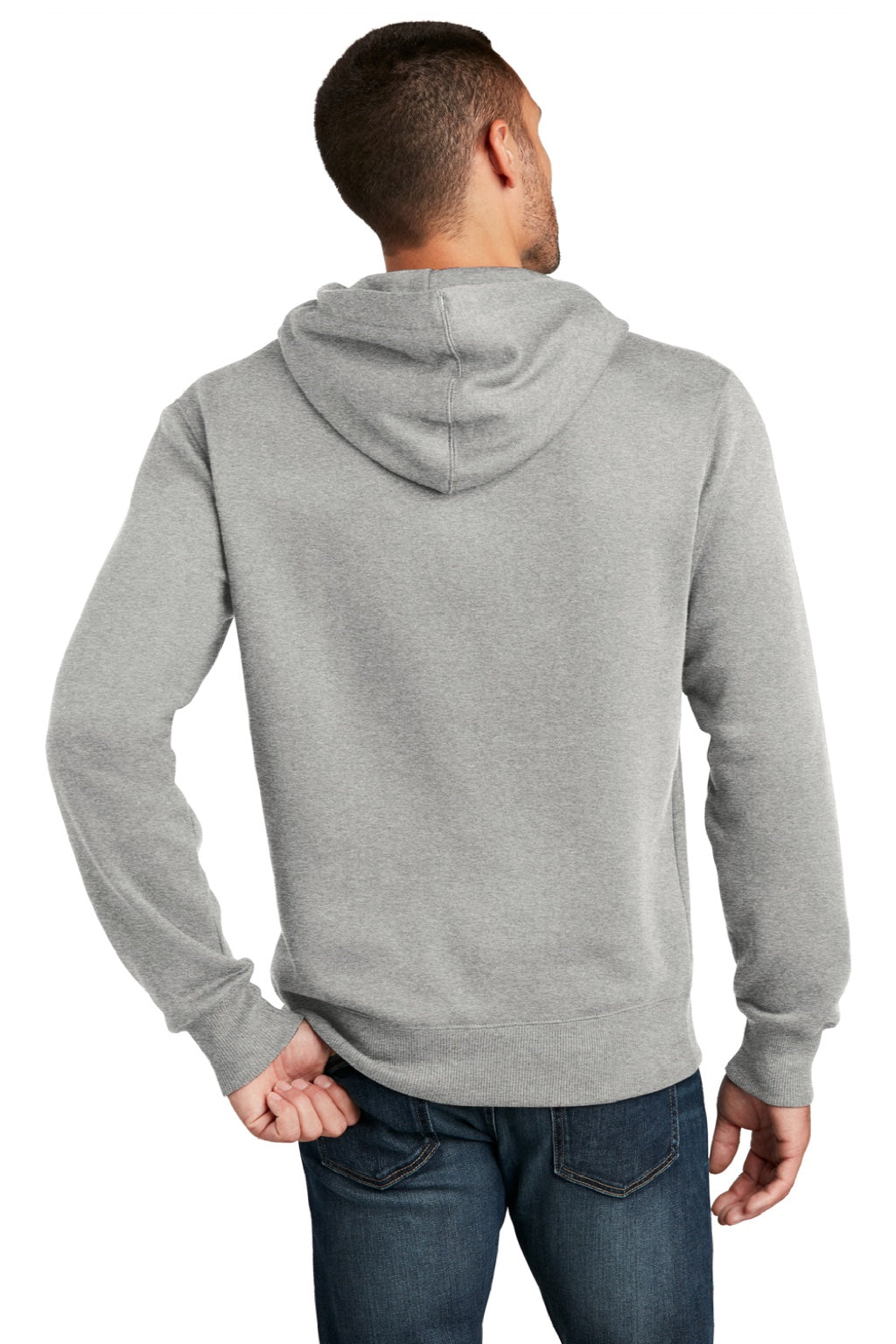 District DT1101 Mens Perfect Weight Fleece Hooded Sweatshirt Hoodie w/ Pouch Pocket Heather Steel Grey Model Back