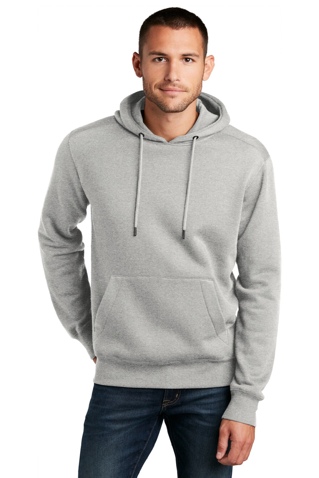 District DT1101 Mens Perfect Weight Fleece Hooded Sweatshirt Hoodie w/ Pouch Pocket Heather Steel Grey Model Front