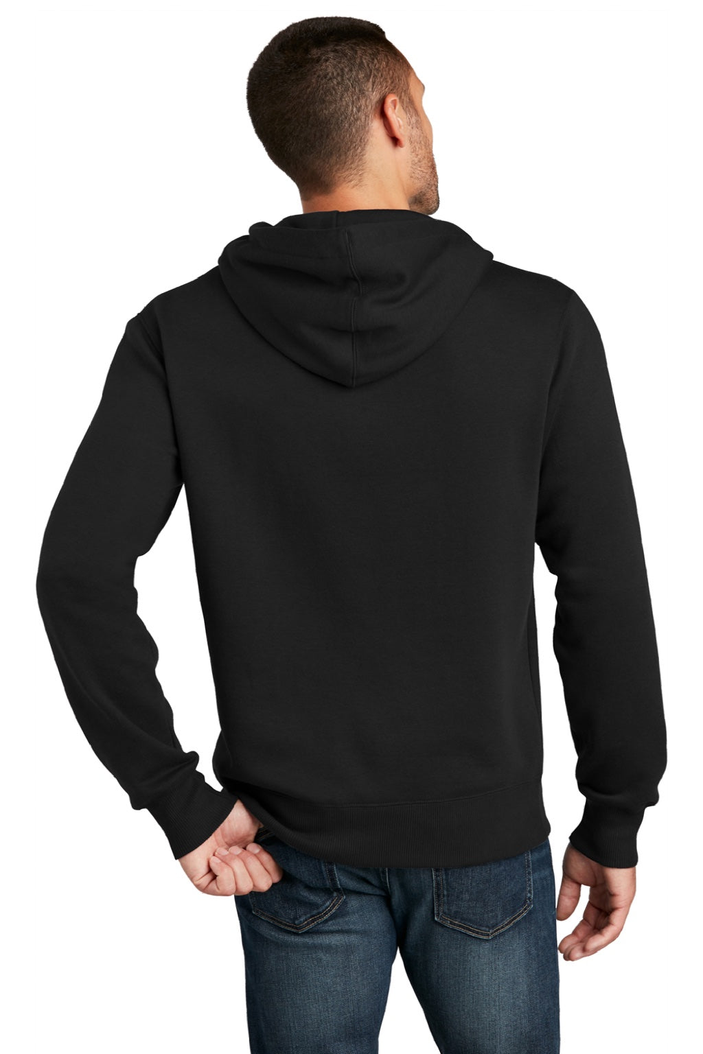 District DT1101 Mens Perfect Weight Fleece Hooded Sweatshirt Hoodie w/ Pouch Pocket Jet Black Model Back