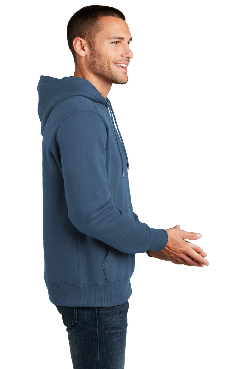 District DT1101 Mens Perfect Weight Fleece Hooded Sweatshirt Hoodie w/ Pouch Pocket Maritime Blue Model Side