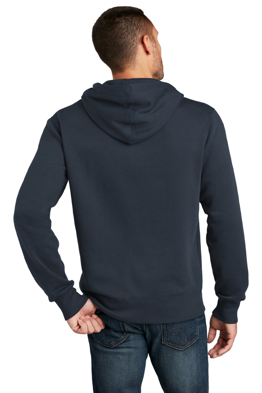 District DT1101 Mens Perfect Weight Fleece Hooded Sweatshirt Hoodie w/ Pouch Pocket New Navy Blue Model Back