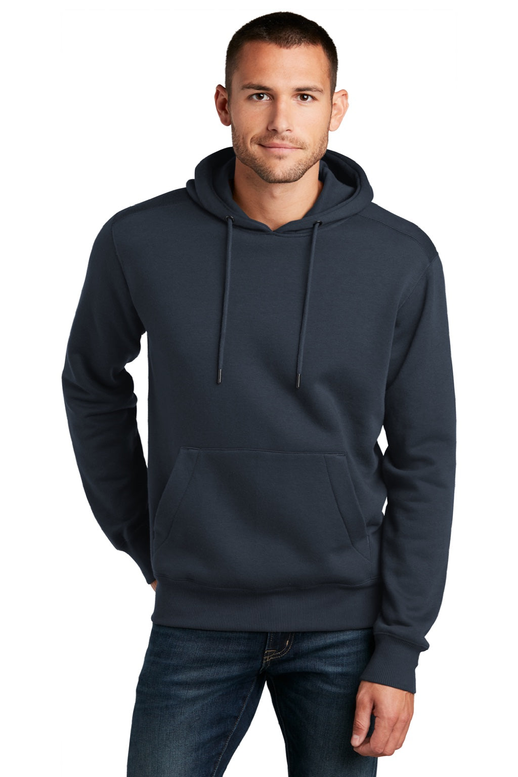 District DT1101 Mens Perfect Weight Fleece Hooded Sweatshirt Hoodie w/ Pouch Pocket New Navy Blue Model Front