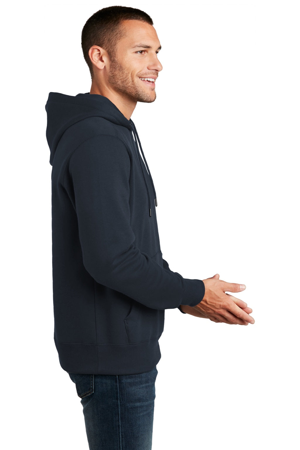 District DT1101 Mens Perfect Weight Fleece Hooded Sweatshirt Hoodie w/ Pouch Pocket New Navy Blue Model Side