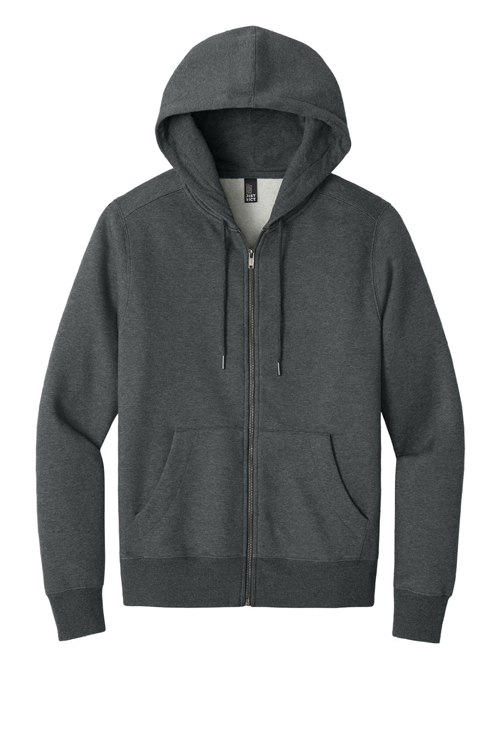 District DT1103 Mens Perfect Weight Fleece Full Zip Hooded Sweatshirt Hoodie w/ Pockets Heather Charcoal Grey Flat Front