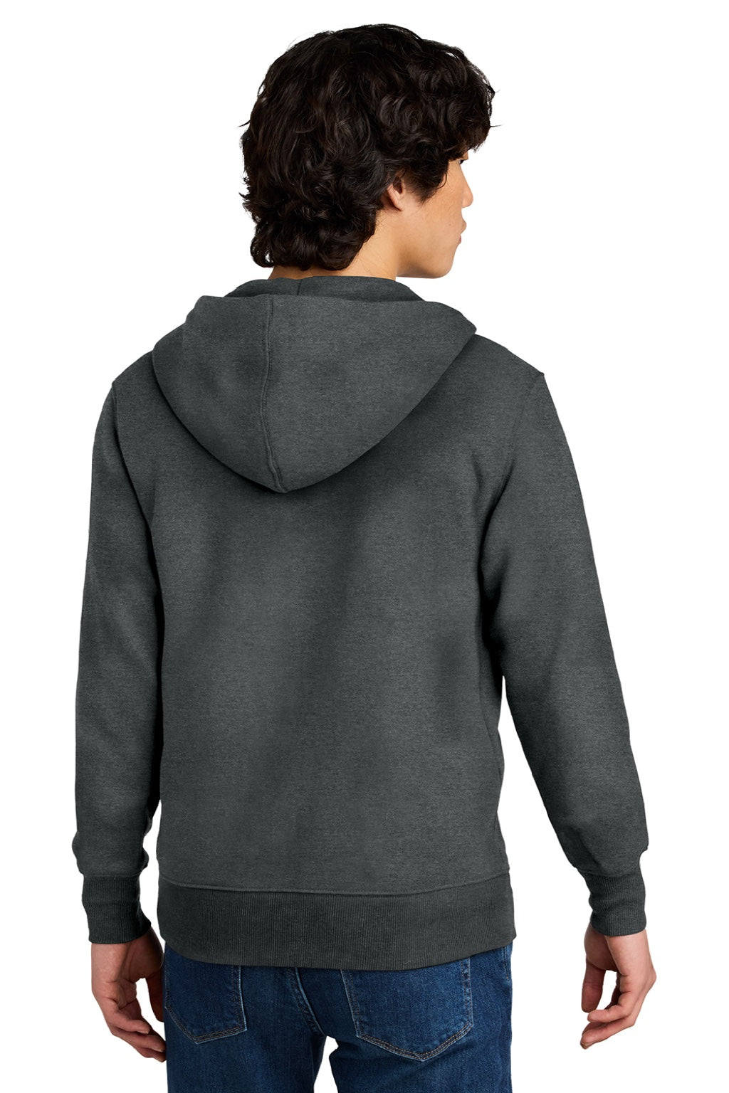 District DT1103 Mens Perfect Weight Fleece Full Zip Hooded Sweatshirt Hoodie w/ Pockets Heather Charcoal Grey Model Back