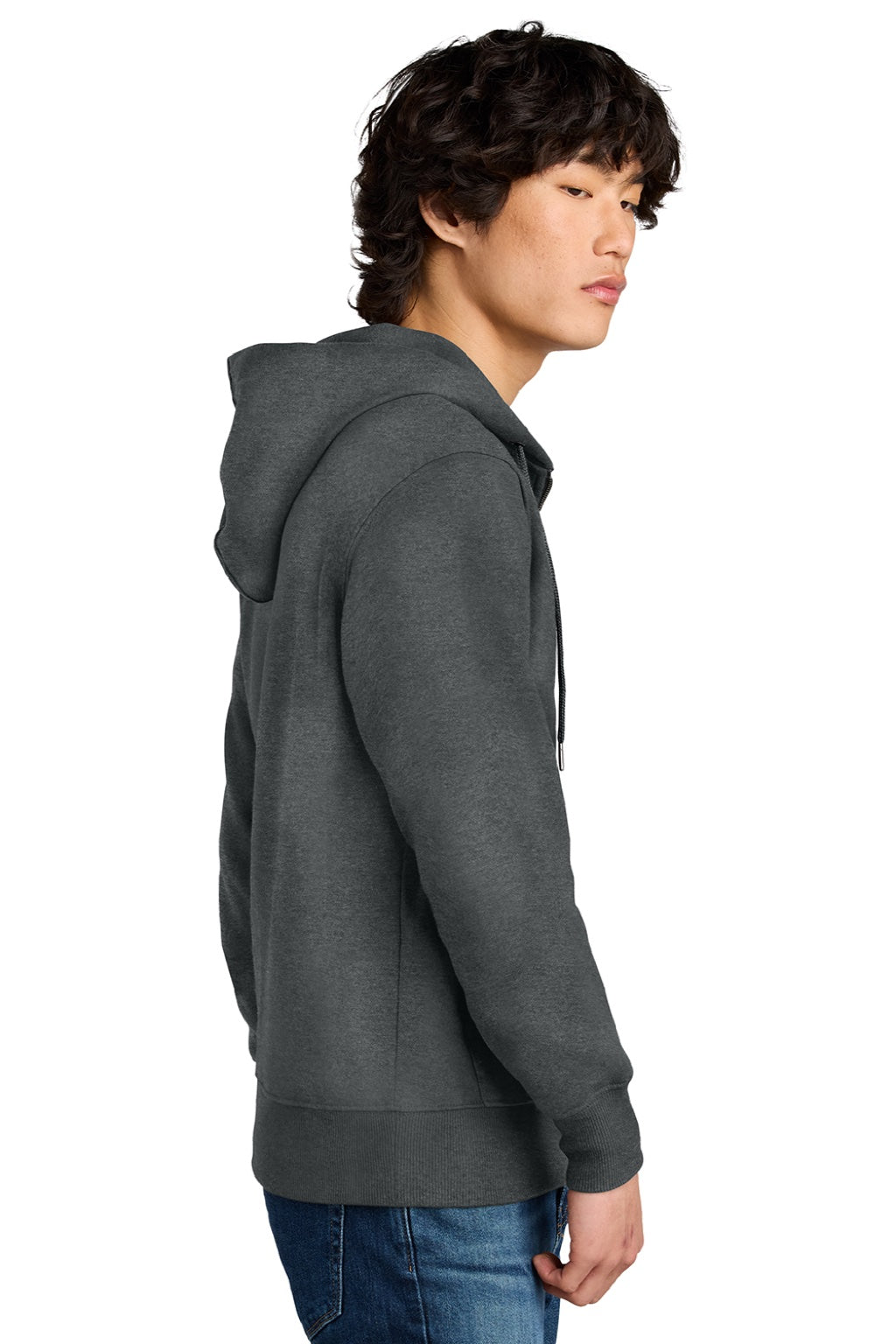 District DT1103 Mens Perfect Weight Fleece Full Zip Hooded Sweatshirt Hoodie w/ Pockets Heather Charcoal Grey Model Side