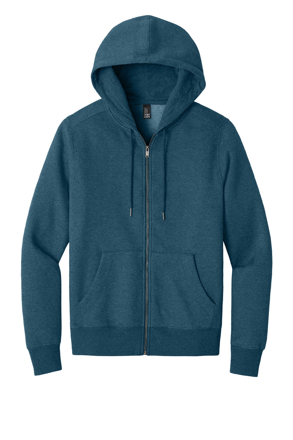 District DT1103 Mens Perfect Weight Fleece Full Zip Hooded Sweatshirt Hoodie w/ Pockets Heather Poseidon Blue Flat Front