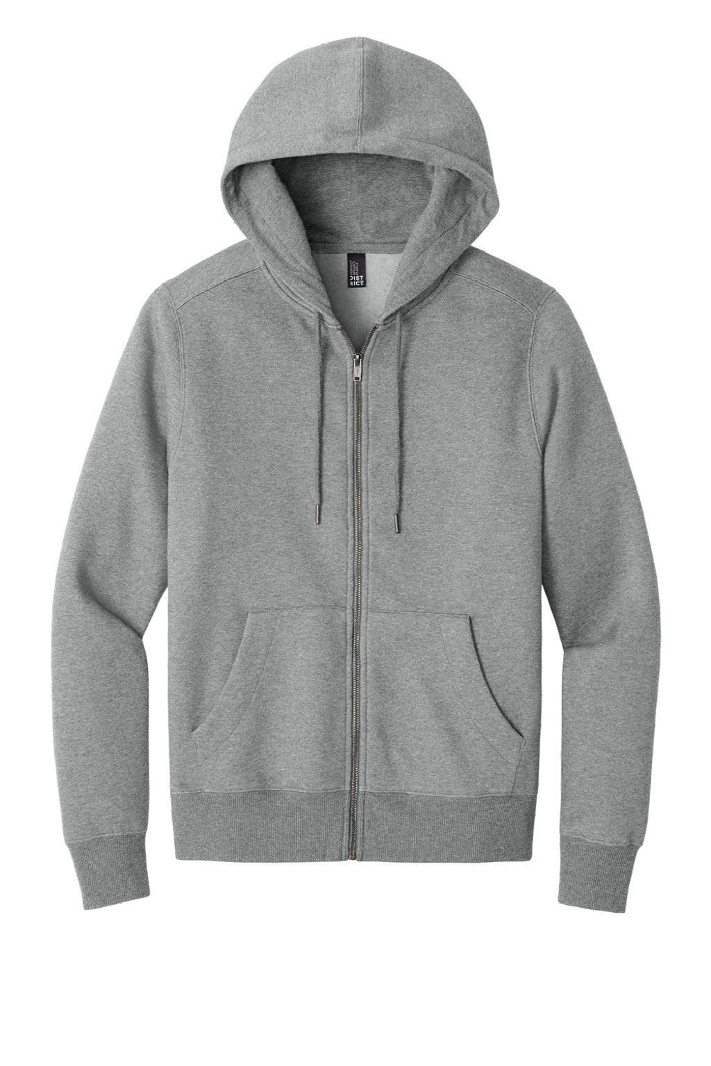 District DT1103 Mens Perfect Weight Fleece Full Zip Hooded Sweatshirt Hoodie w/ Pockets Heather Steel Grey Flat Front