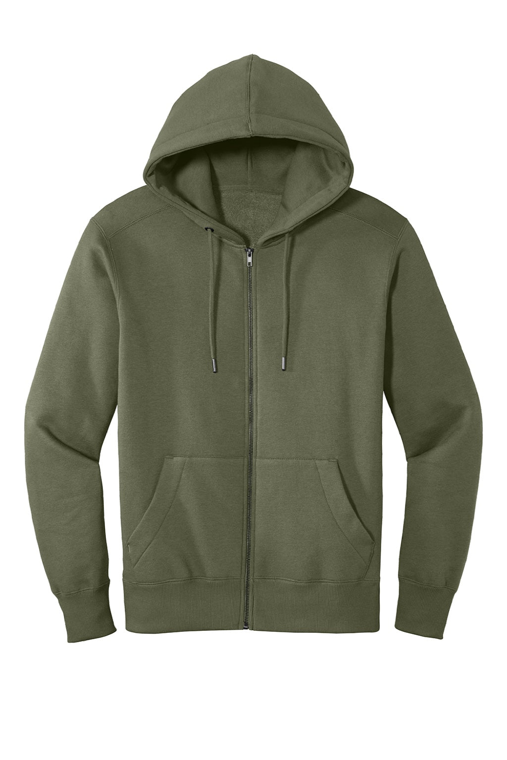 District DT1103 Mens Perfect Weight Fleece Full Zip Hooded Sweatshirt Hoodie w/ Pockets Military Green Flat Front