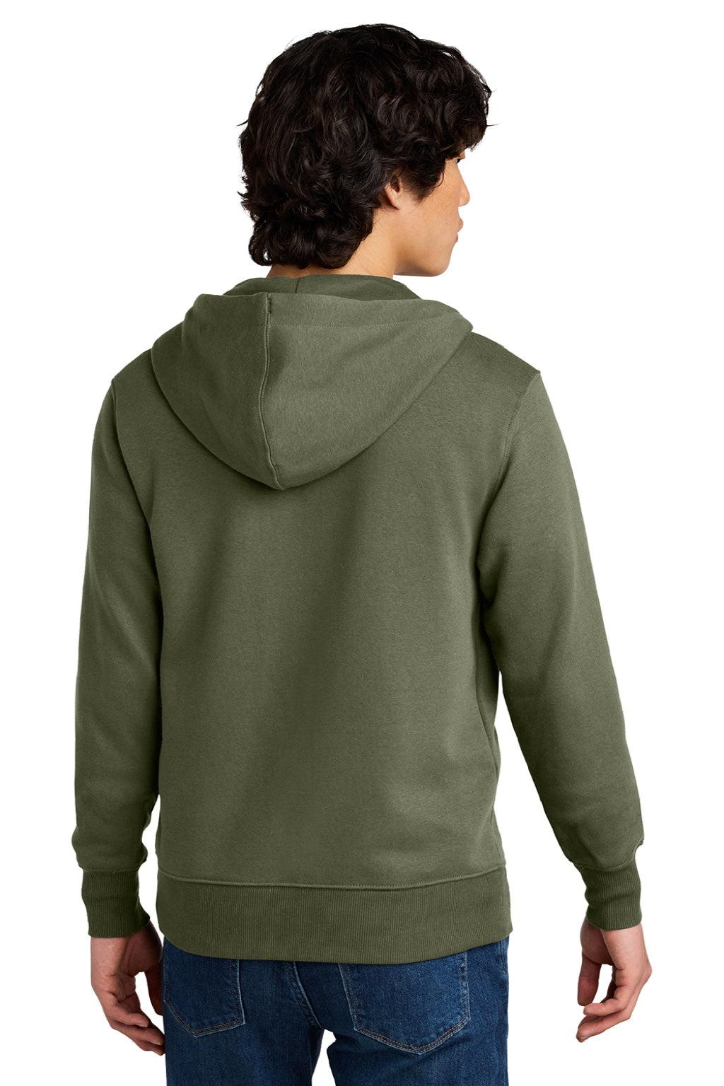 District DT1103 Mens Perfect Weight Fleece Full Zip Hooded Sweatshirt Hoodie w/ Pockets Military Green Model Back