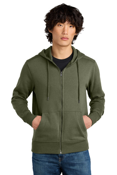 District DT1103 Mens Perfect Weight Fleece Full Zip Hooded Sweatshirt Hoodie w/ Pockets Military Green Model Front