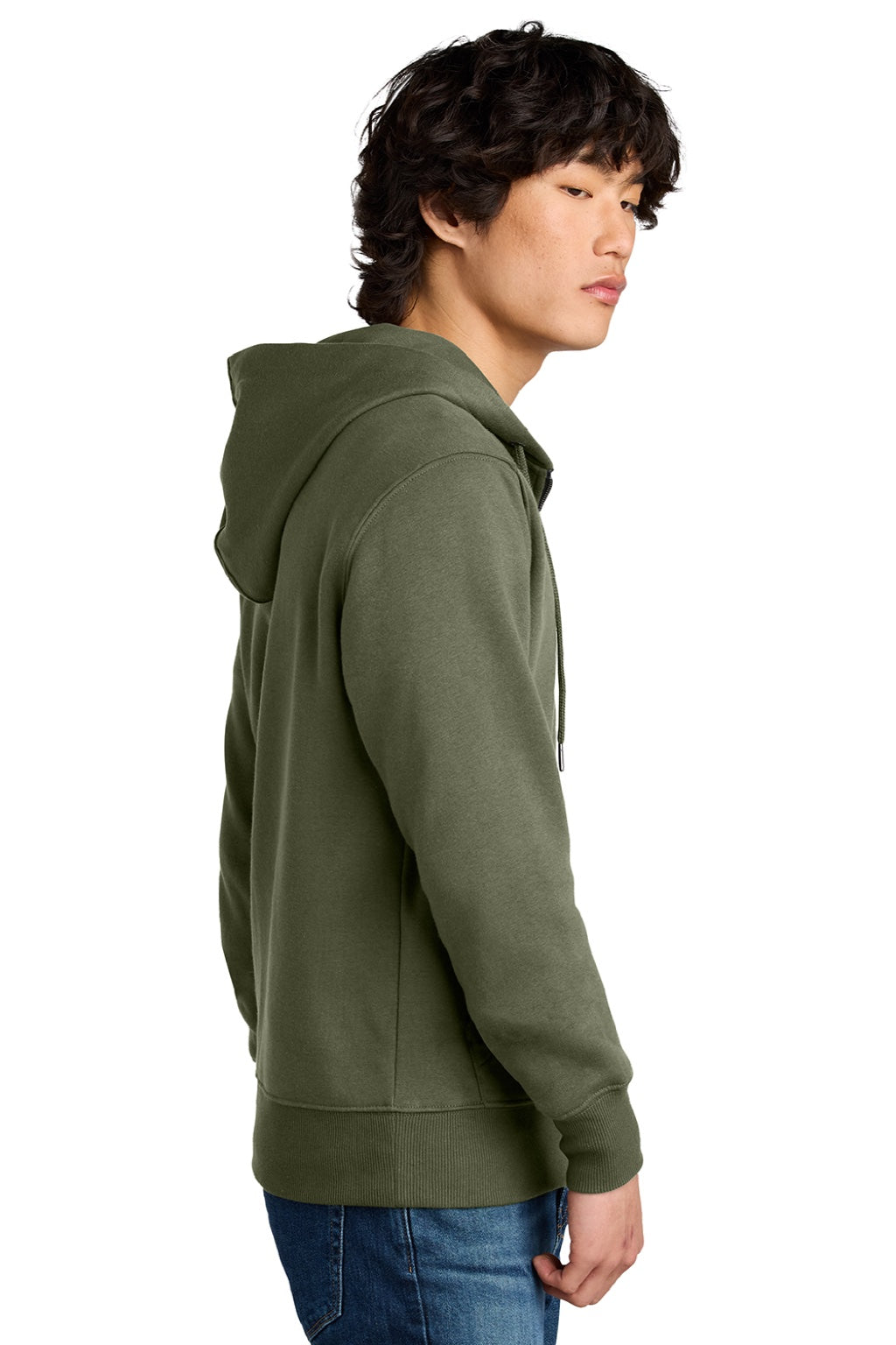 District DT1103 Mens Perfect Weight Fleece Full Zip Hooded Sweatshirt Hoodie w/ Pockets Military Green Model Side