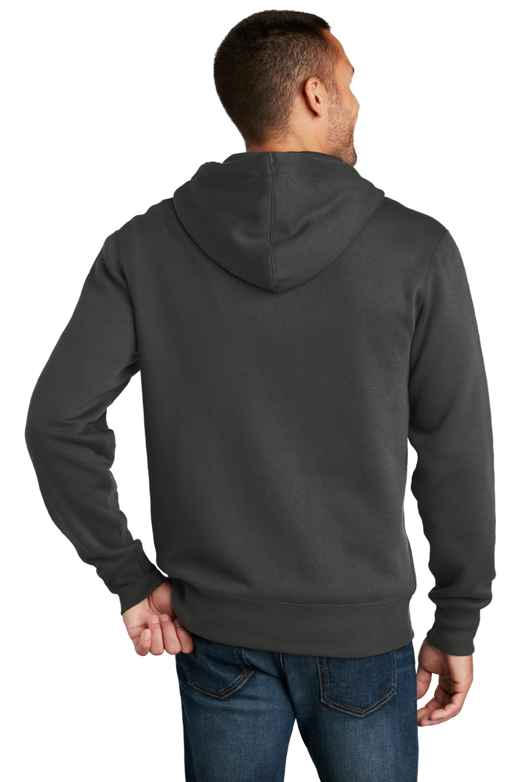District DT1103 Mens Perfect Weight Fleece Full Zip Hooded Sweatshirt Hoodie w/ Pockets Charcoal Grey Model Back