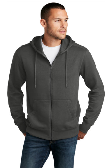 District DT1103 Mens Perfect Weight Fleece Full Zip Hooded Sweatshirt Hoodie w/ Pockets Charcoal Grey Model Front