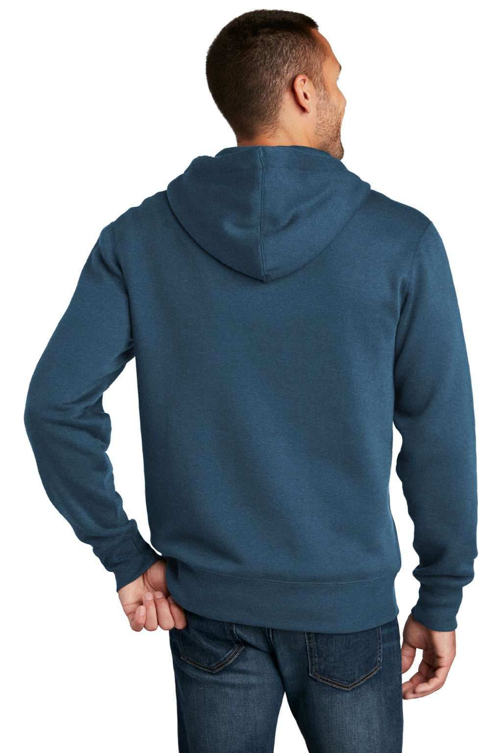 District DT1103 Mens Perfect Weight Fleece Full Zip Hooded Sweatshirt Hoodie w/ Pockets Heather Poseidon Blue Model Back