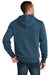 District DT1103 Mens Perfect Weight Fleece Full Zip Hooded Sweatshirt Hoodie w/ Pockets Heather Poseidon Blue Model Back