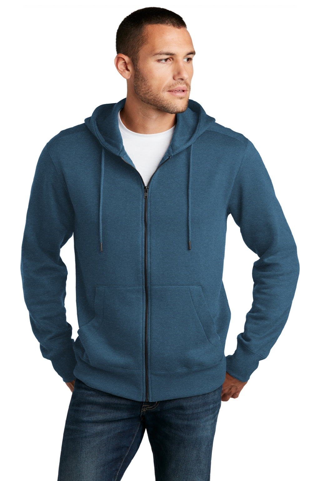 District DT1103 Mens Perfect Weight Fleece Full Zip Hooded Sweatshirt Hoodie w/ Pockets Heather Poseidon Blue Model Front