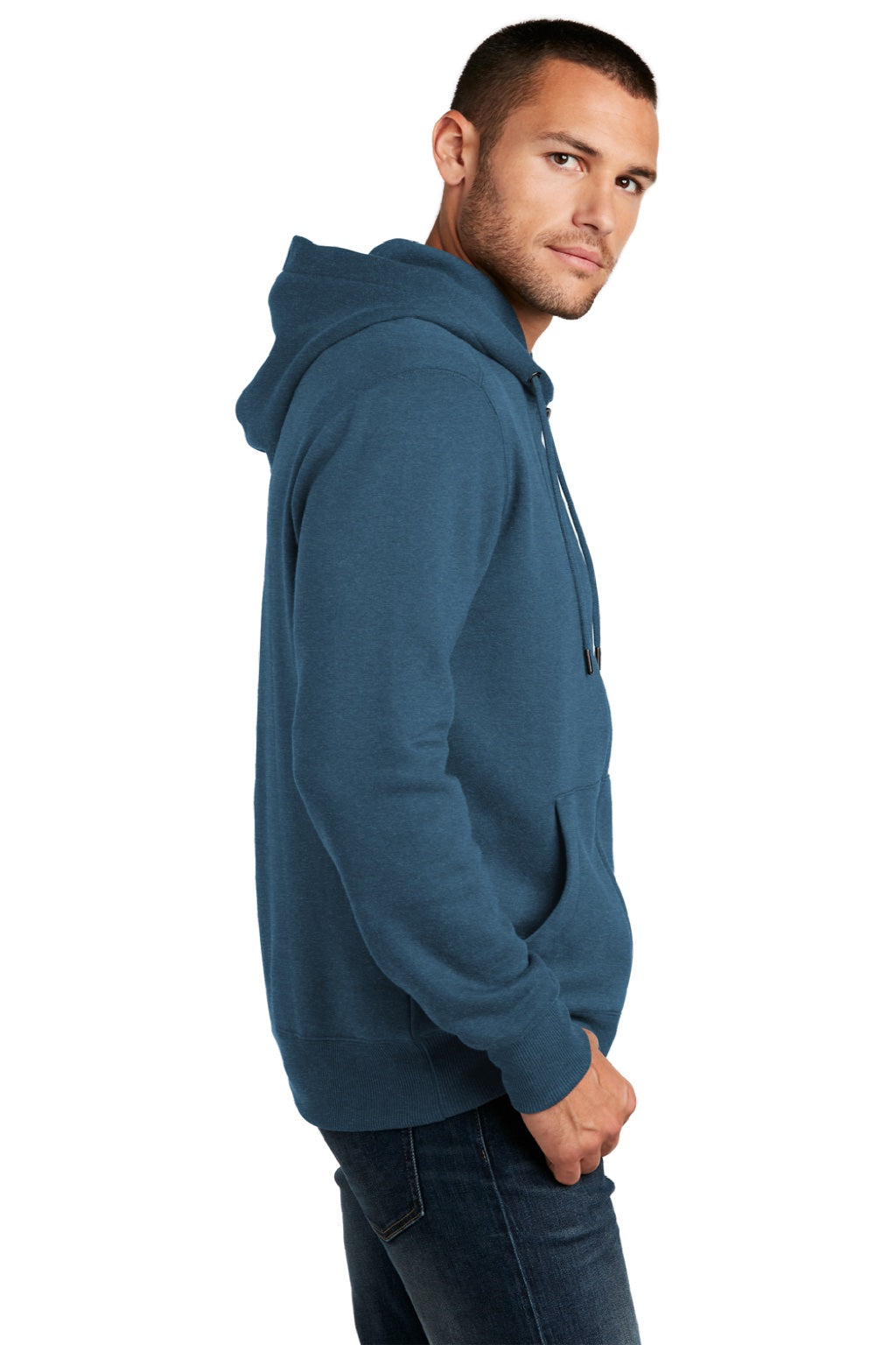 District DT1103 Mens Perfect Weight Fleece Full Zip Hooded Sweatshirt Hoodie w/ Pockets Heather Poseidon Blue Model Side