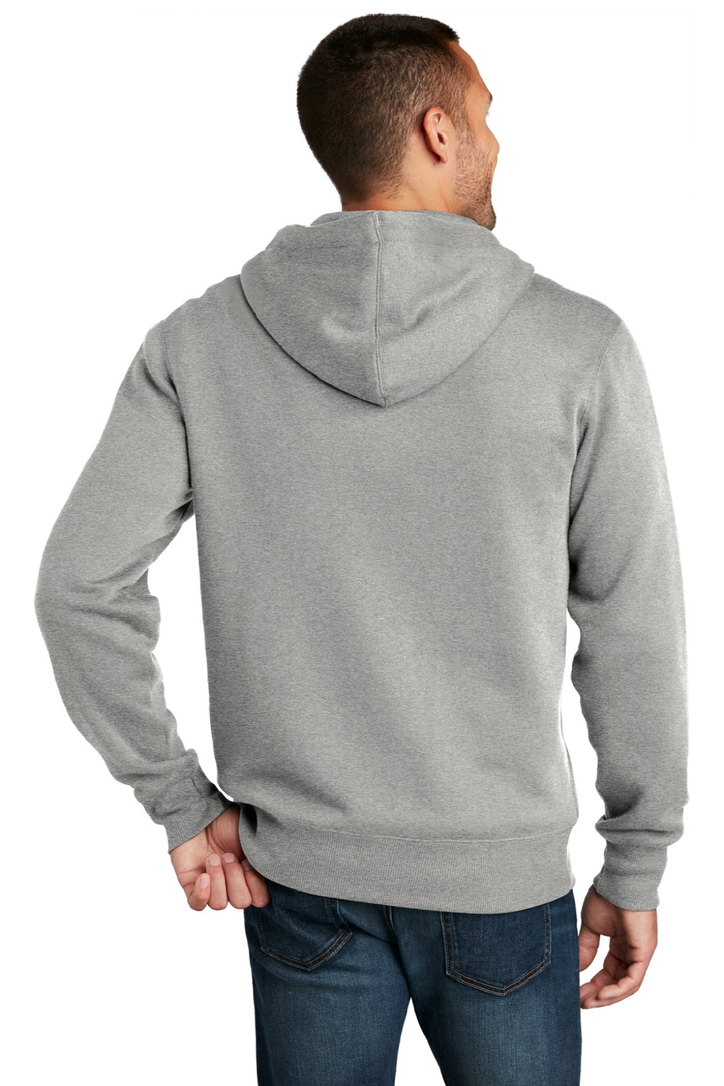 District DT1103 Mens Perfect Weight Fleece Full Zip Hooded Sweatshirt Hoodie w/ Pockets Heather Steel Grey Model Back