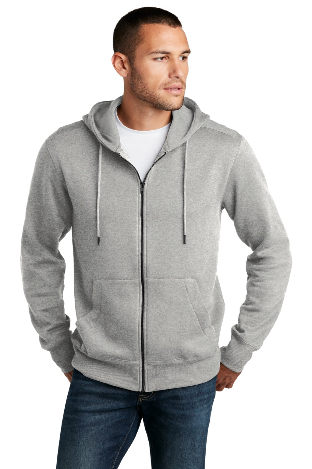 District DT1103 Mens Perfect Weight Fleece Full Zip Hooded Sweatshirt Hoodie w/ Pockets Heather Steel Grey Model Front