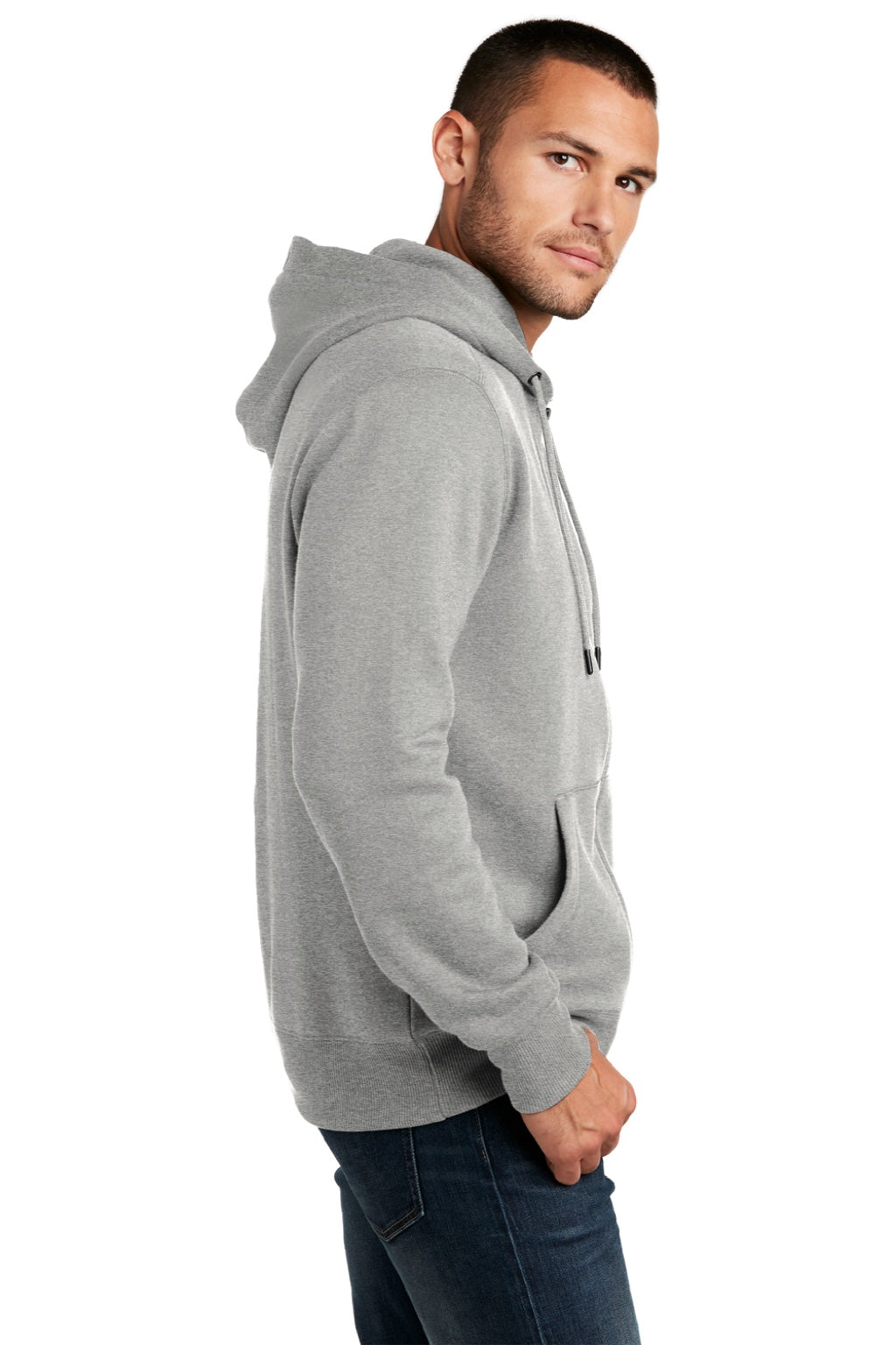 District DT1103 Mens Perfect Weight Fleece Full Zip Hooded Sweatshirt Hoodie w/ Pockets Heather Steel Grey Model Side