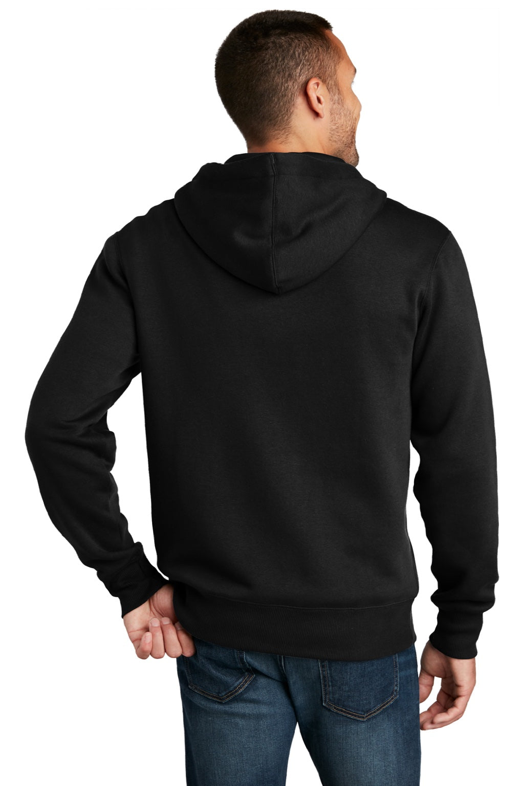 District DT1103 Mens Perfect Weight Fleece Full Zip Hooded Sweatshirt Hoodie w/ Pockets Jet Black Model Back
