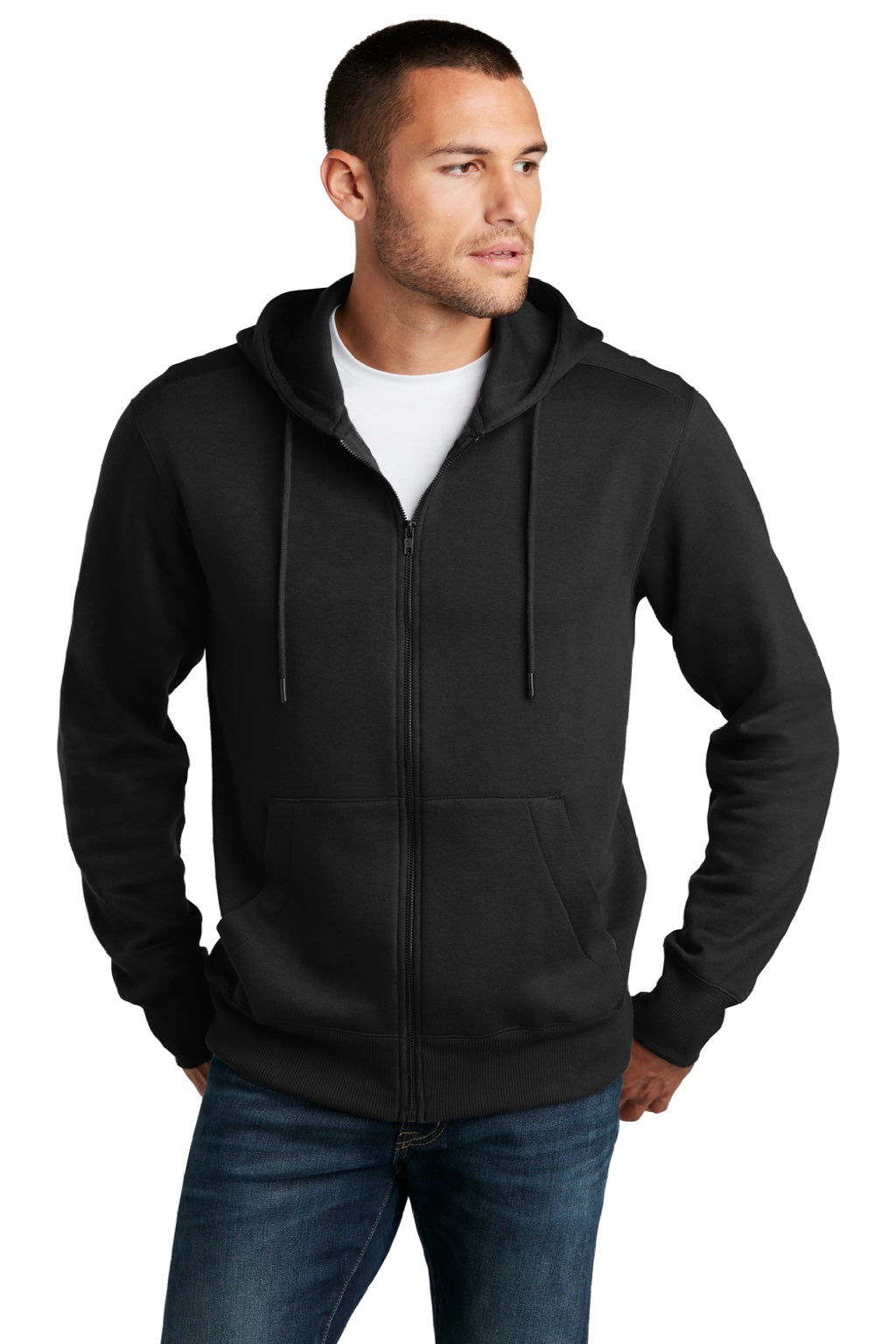 District DT1103 Mens Perfect Weight Fleece Full Zip Hooded Sweatshirt Hoodie w/ Pockets Jet Black Model Front