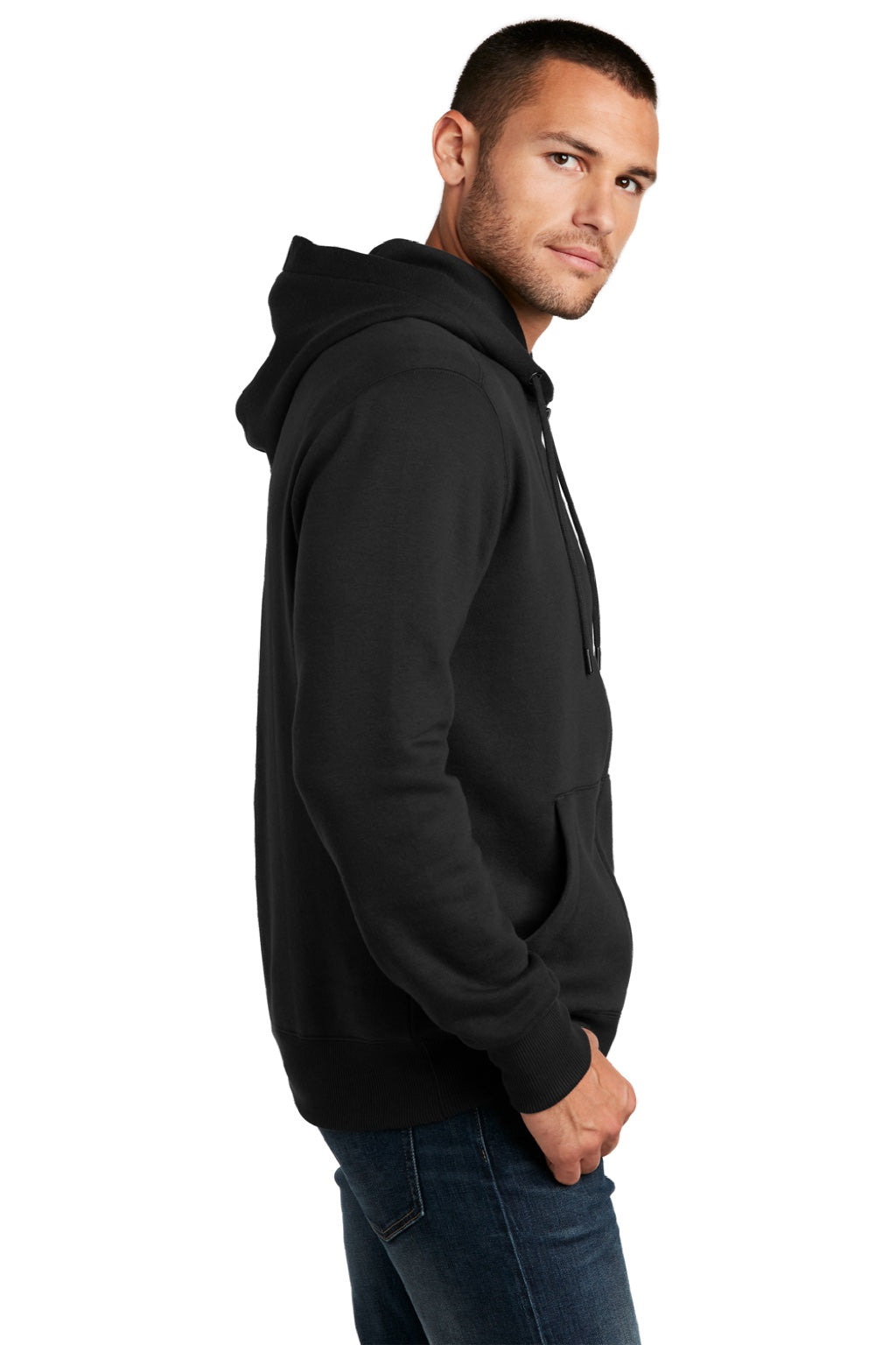 District DT1103 Mens Perfect Weight Fleece Full Zip Hooded Sweatshirt Hoodie w/ Pockets Jet Black Model Side