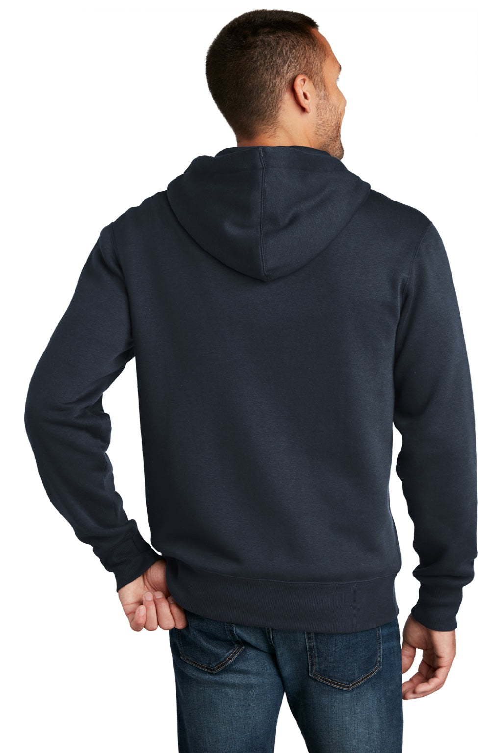 District DT1103 Mens Perfect Weight Fleece Full Zip Hooded Sweatshirt Hoodie w/ Pockets New Navy Blue Model Back