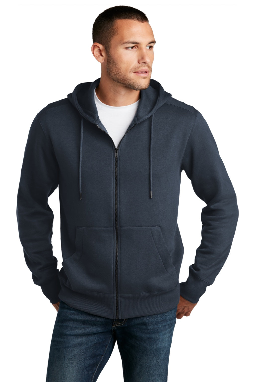 District DT1103 Mens Perfect Weight Fleece Full Zip Hooded Sweatshirt Hoodie w/ Pockets New Navy Blue Model Front