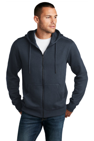 District DT1103 Mens Perfect Weight Fleece Full Zip Hooded Sweatshirt Hoodie w/ Pockets New Navy Blue Model Front