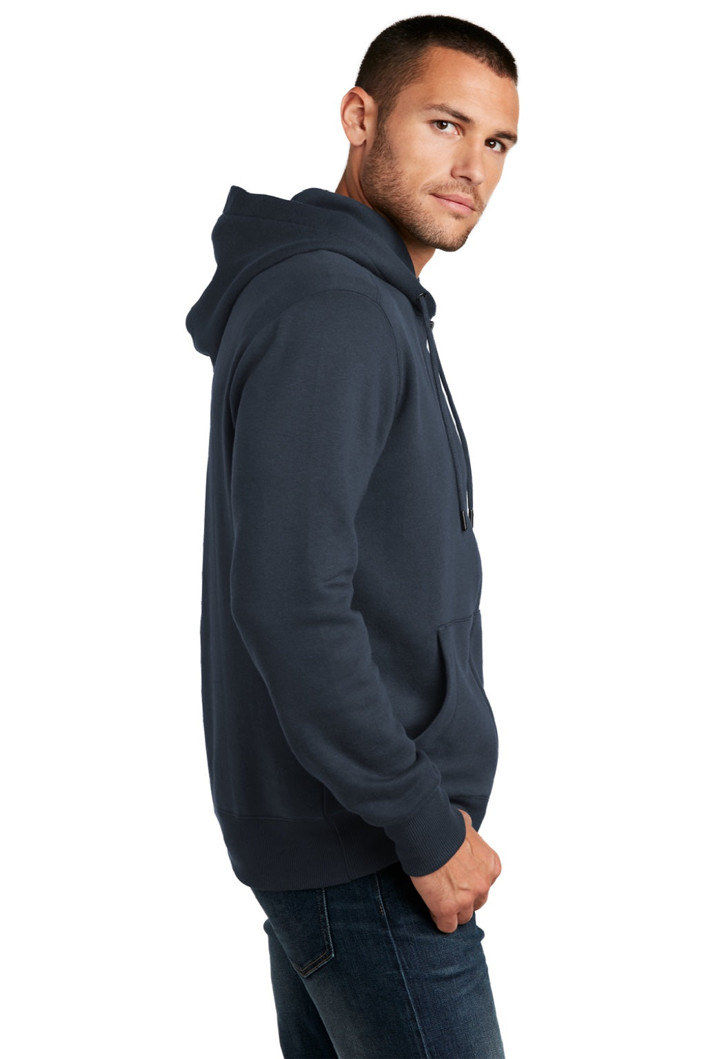 District DT1103 Mens Perfect Weight Fleece Full Zip Hooded Sweatshirt Hoodie w/ Pockets New Navy Blue Model Side