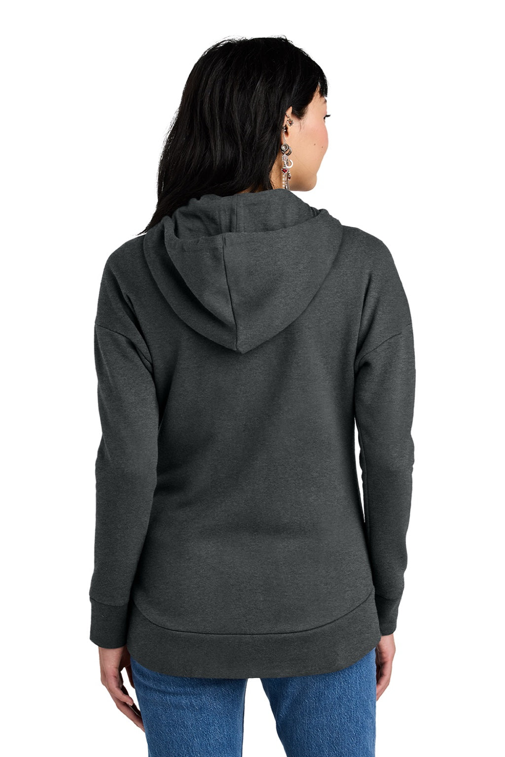 District DT1104 Womens Perfect Weight Fleece Full Zip Hooded Sweatshirt Hoodie w/ Pockets Heather Charcoal Grey Model Back