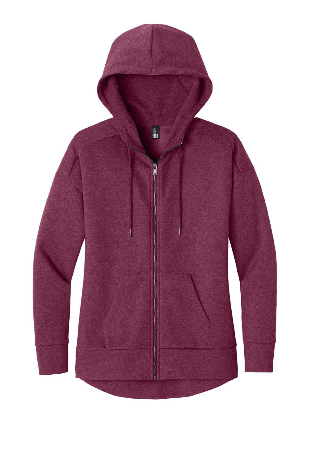 District DT1104 Womens Perfect Weight Fleece Full Zip Hooded Sweatshirt Hoodie w/ Pockets Heather Loganberry Flat Front