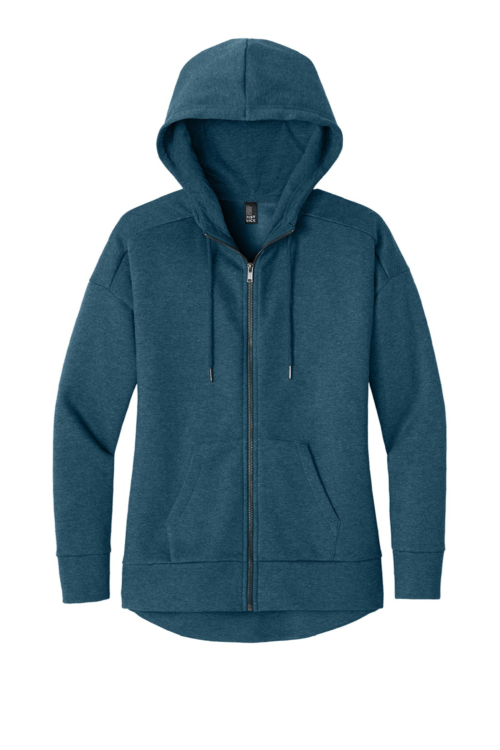 District DT1104 Womens Perfect Weight Fleece Full Zip Hooded Sweatshirt Hoodie w/ Pockets Heather Poseidon Blue Flat Front