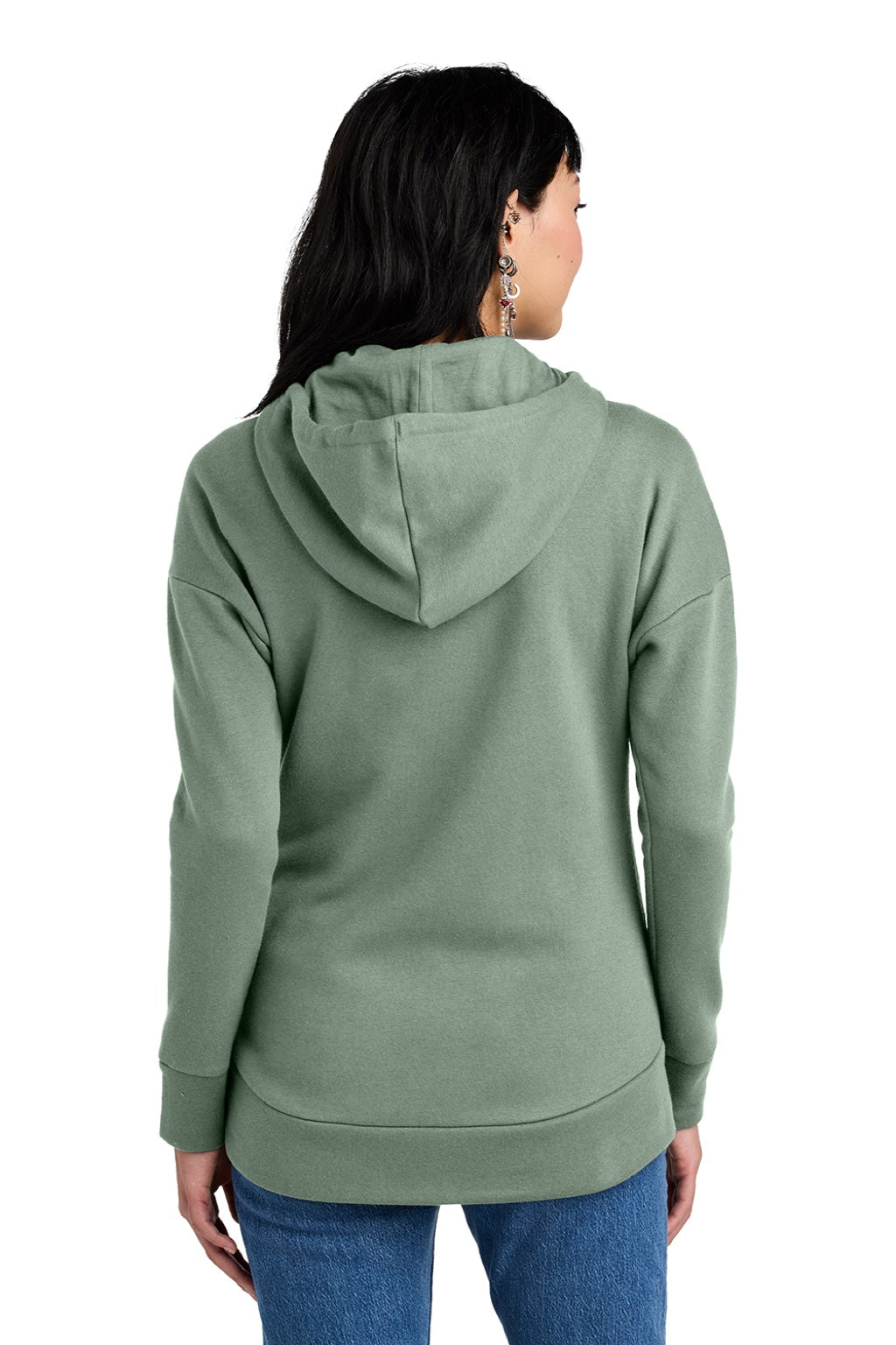 District DT1104 Womens Perfect Weight Fleece Full Zip Hooded Sweatshirt Hoodie w/ Pockets Laurel Green Model Back