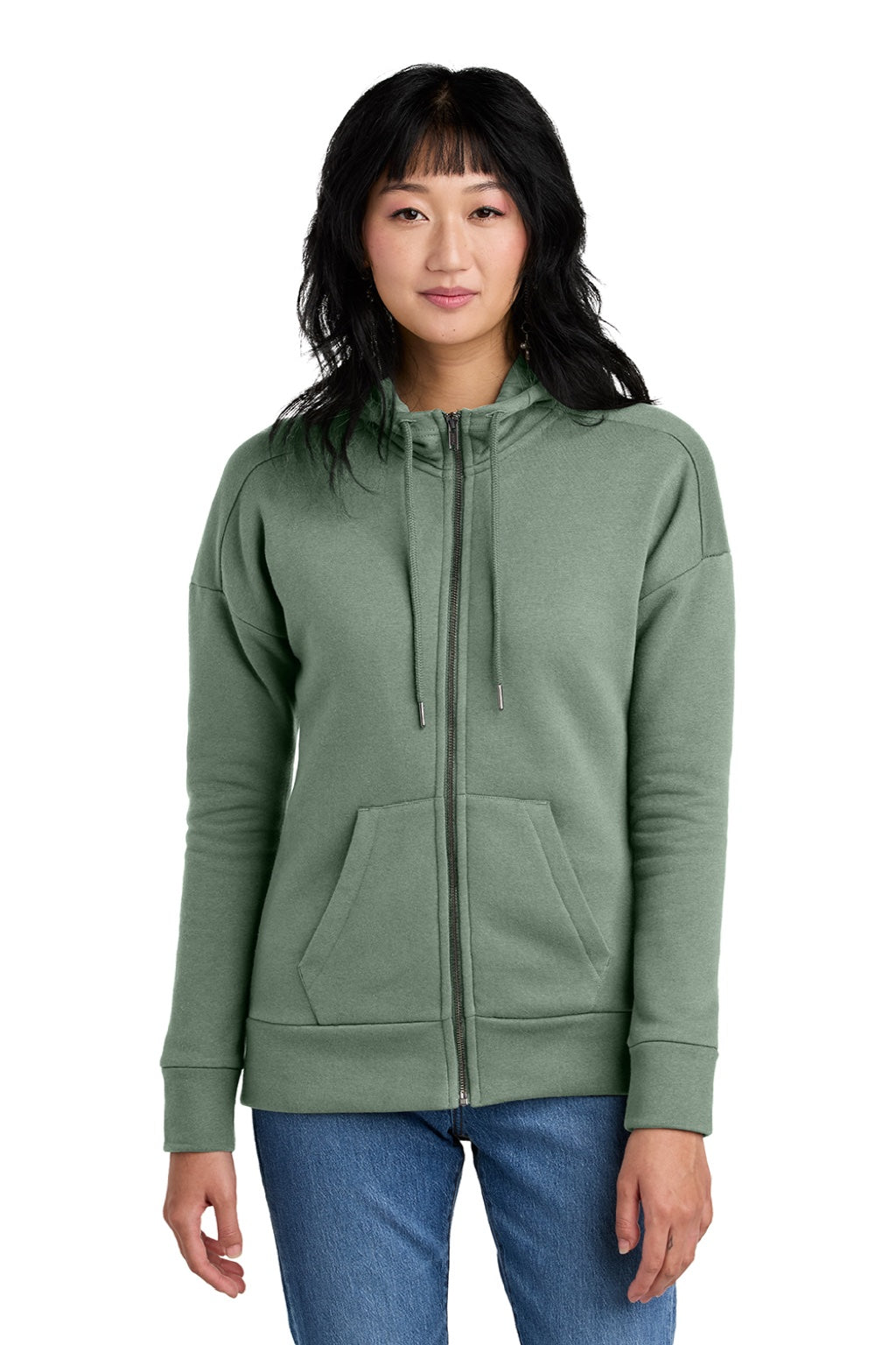 District DT1104 Womens Perfect Weight Fleece Full Zip Hooded Sweatshirt Hoodie w/ Pockets Laurel Green Model Front