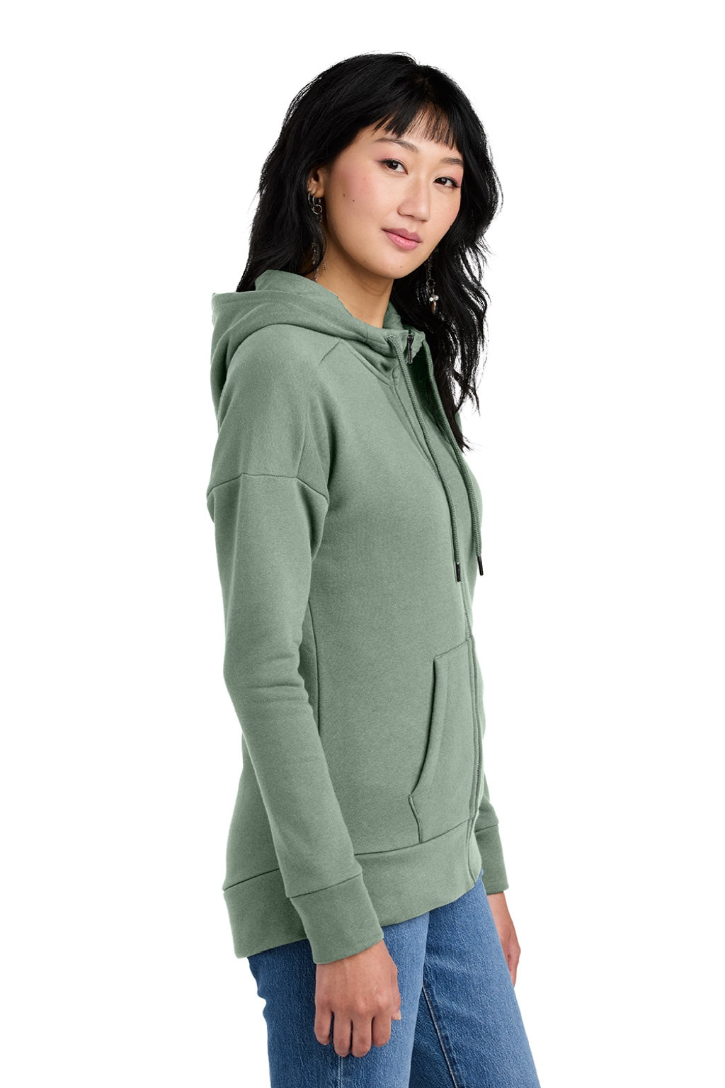 District DT1104 Womens Perfect Weight Fleece Full Zip Hooded Sweatshirt Hoodie w/ Pockets Laurel Green Model Side