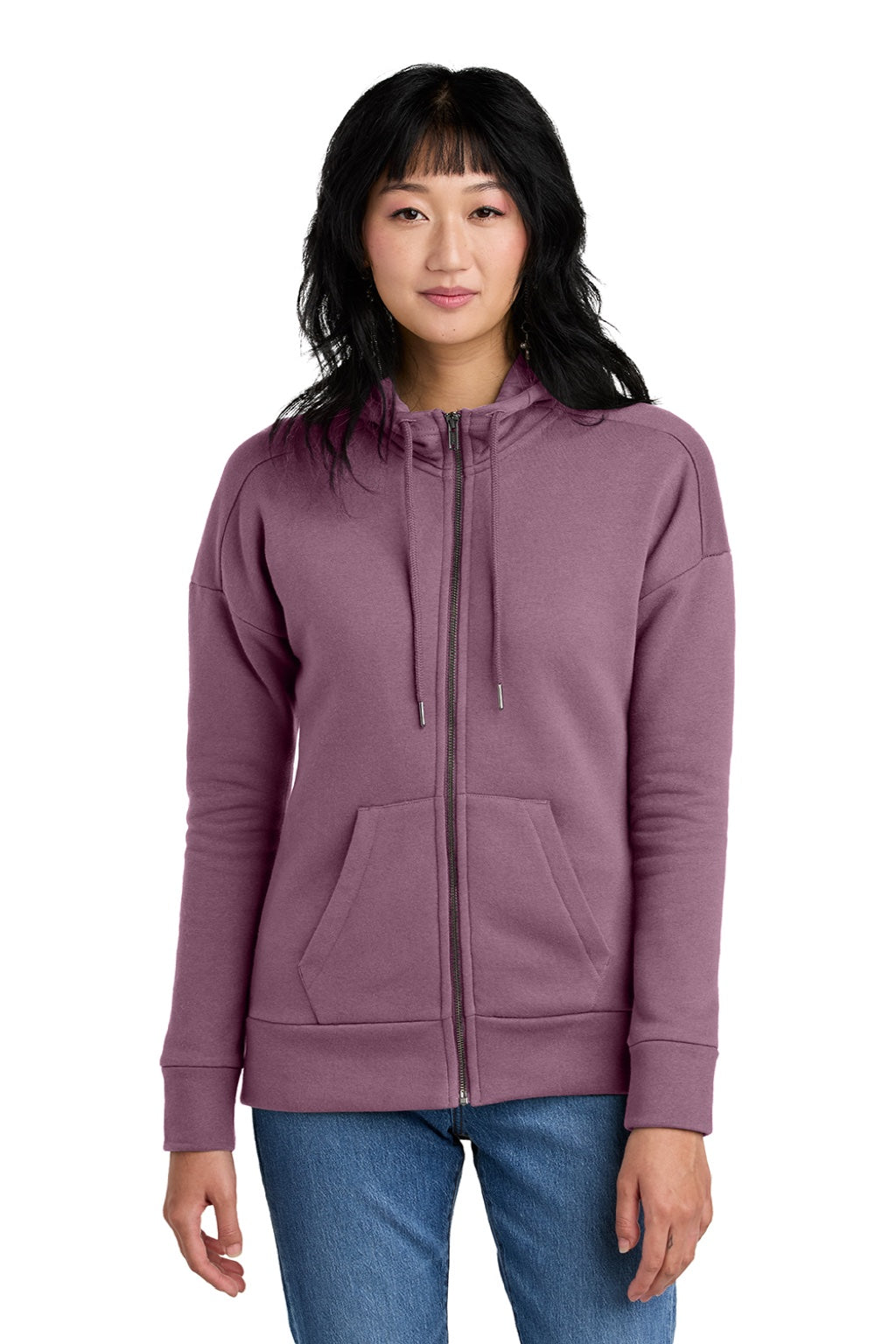 District DT1104 Womens Perfect Weight Fleece Full Zip Hooded Sweatshirt Hoodie w/ Pockets Orchid Haze Model Front
