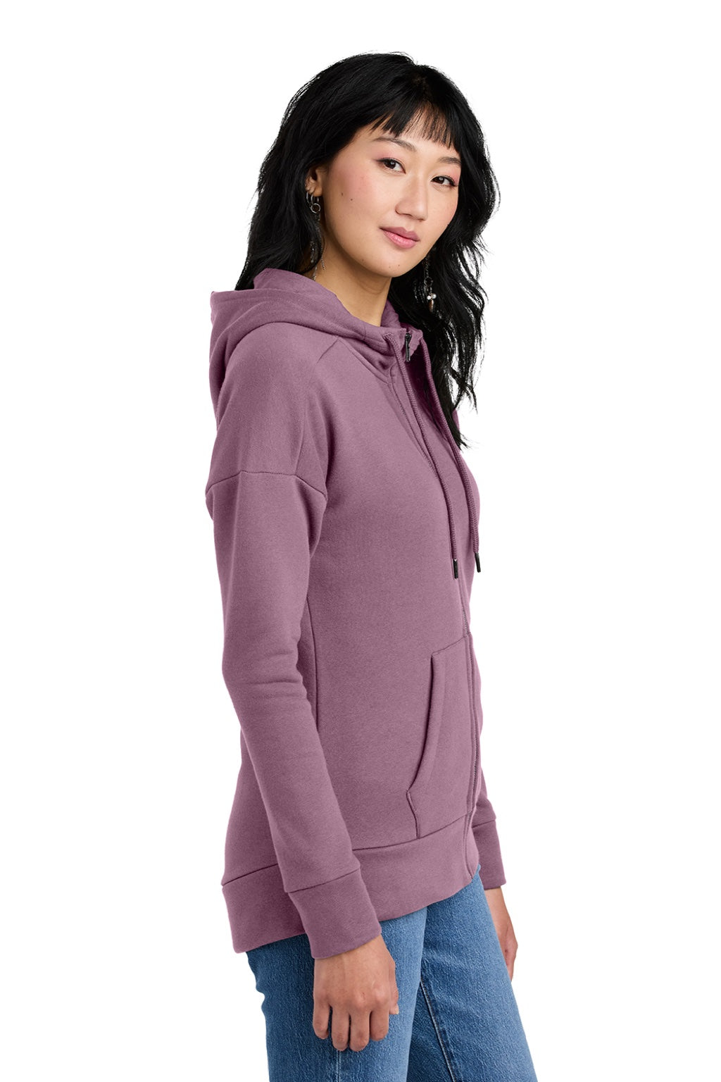District DT1104 Womens Perfect Weight Fleece Full Zip Hooded Sweatshirt Hoodie w/ Pockets Orchid Haze Model Side