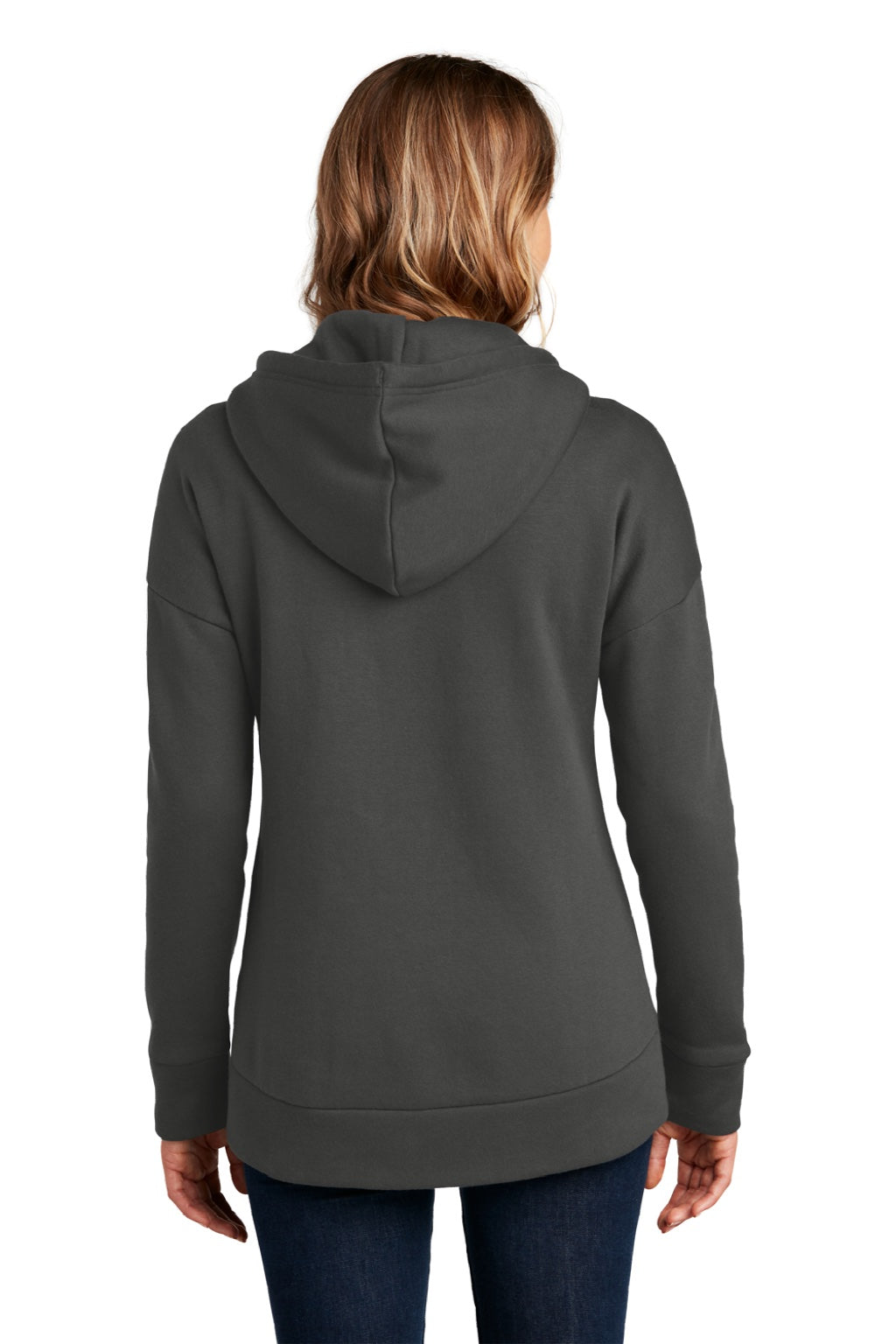 District DT1104 Womens Perfect Weight Fleece Full Zip Hooded Sweatshirt Hoodie w/ Pockets Charcoal Grey Model Back