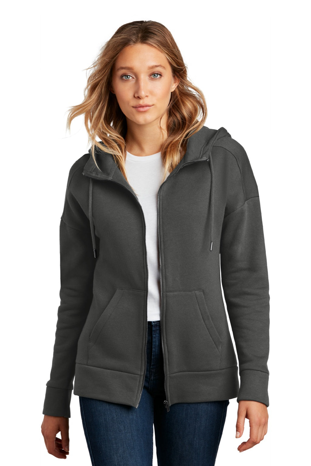 District DT1104 Womens Perfect Weight Fleece Full Zip Hooded Sweatshirt Hoodie w/ Pockets Charcoal Grey Model Front