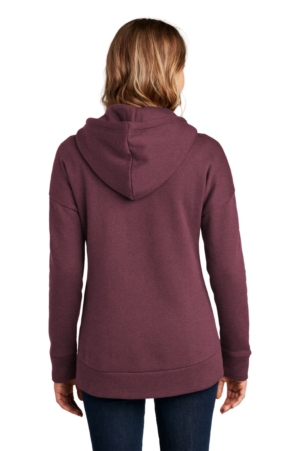 District DT1104 Womens Perfect Weight Fleece Full Zip Hooded Sweatshirt Hoodie w/ Pockets Heather Loganberry Model Back