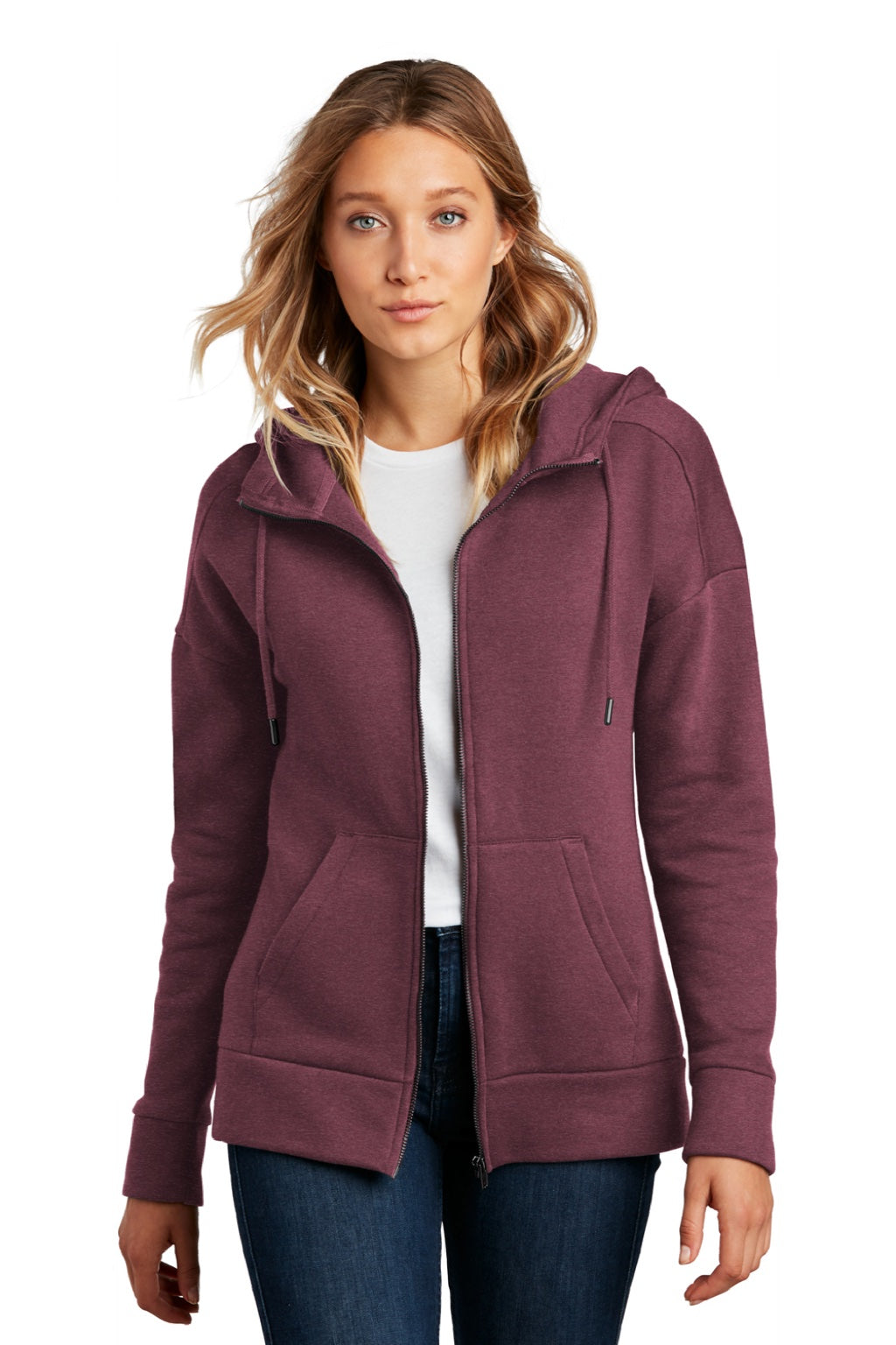 District DT1104 Womens Perfect Weight Fleece Full Zip Hooded Sweatshirt Hoodie w/ Pockets Heather Loganberry Model Front