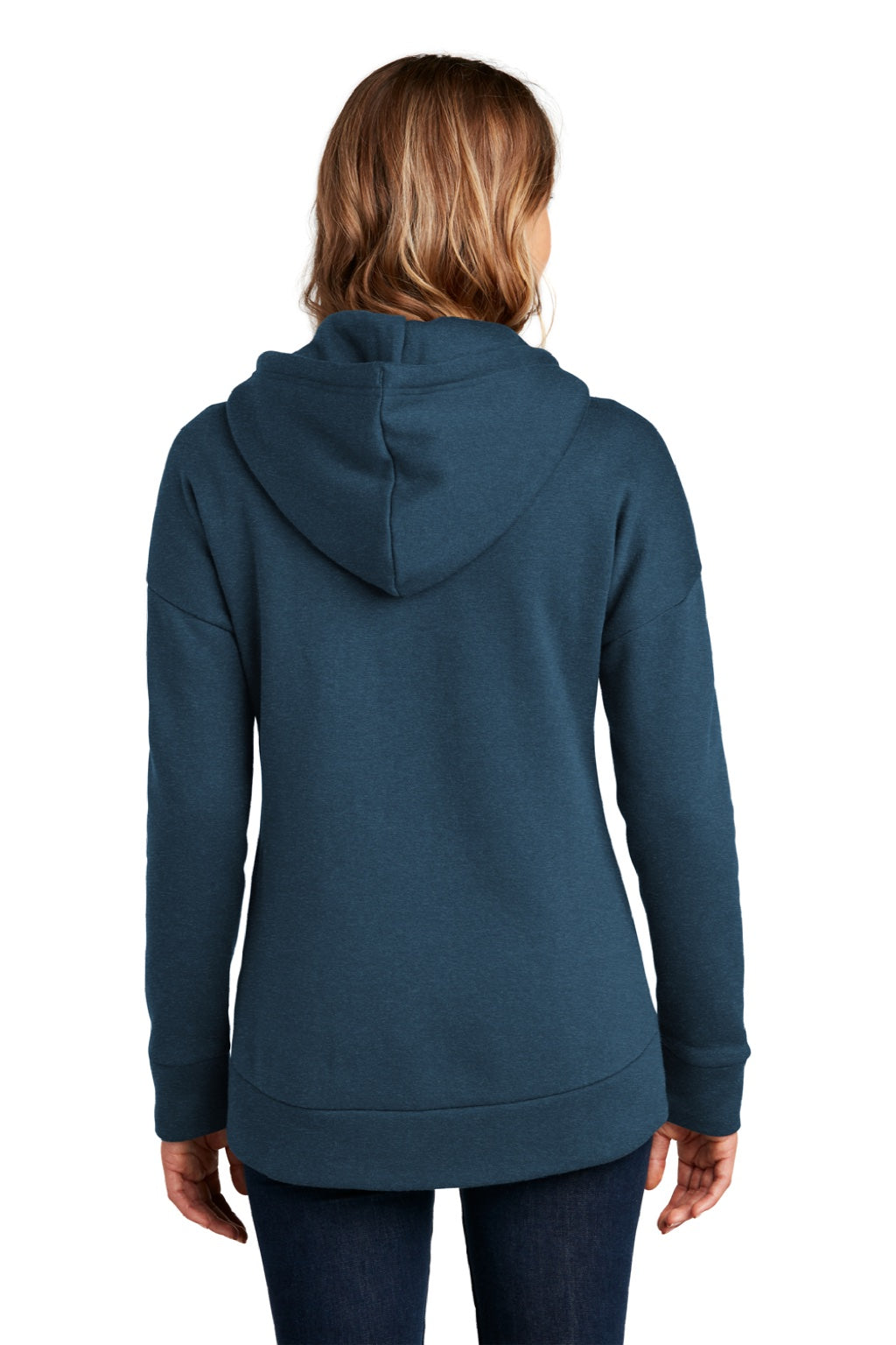 District DT1104 Womens Perfect Weight Fleece Full Zip Hooded Sweatshirt Hoodie w/ Pockets Heather Poseidon Blue Model Back